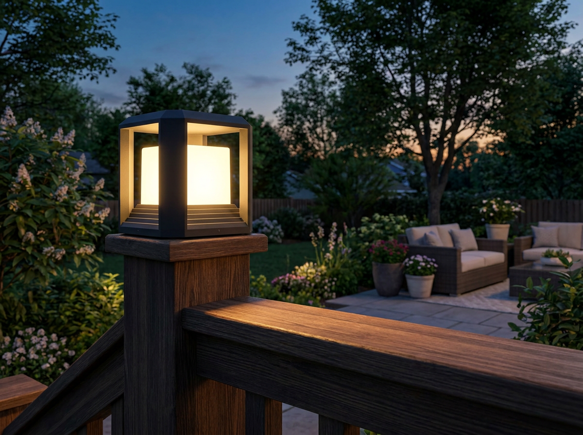 PLUSLED 9.88-inch black outdoor LED post light mounted on a wooden deck railing at dusk