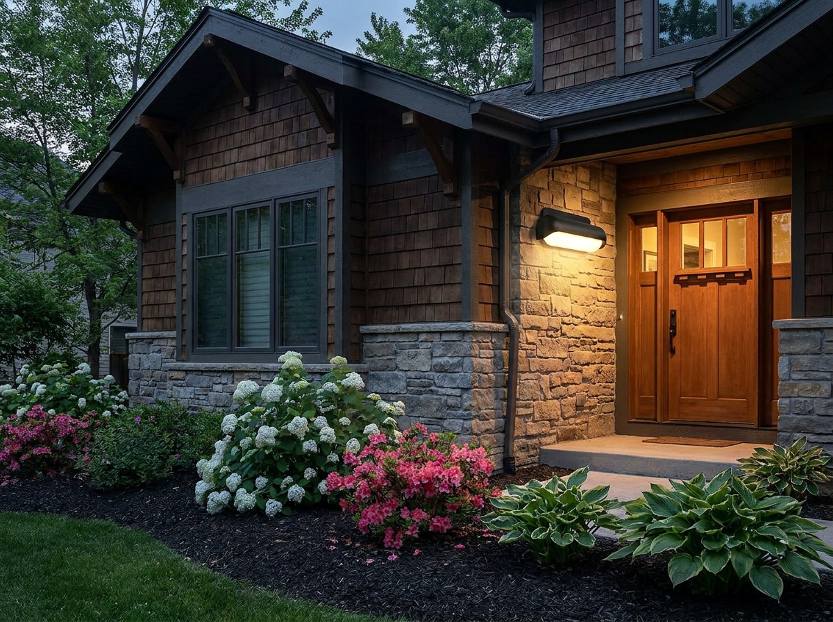 PLUSLED modern outdoor wall sconce mounted beside the front door of an American craftsman home in spring