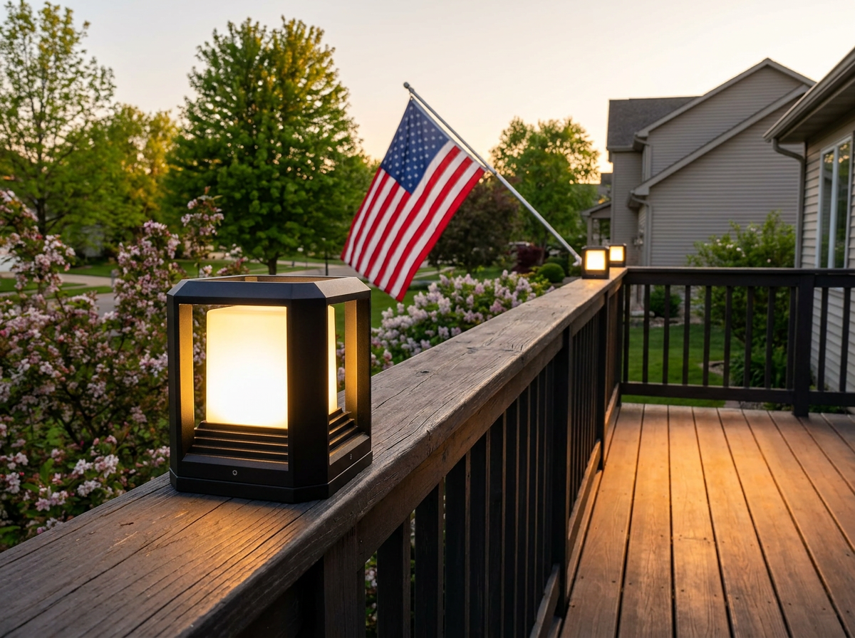 PLUSLED 20W modern black LED outdoor post light glowing on a wooden deck railing during Memorial Day weekend with American flag in background