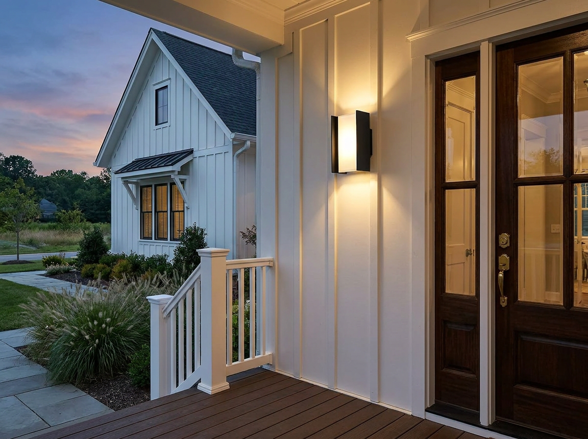PLUSLED modern matte black up-down LED outdoor wall sconce mounted beside an American front door at dusk