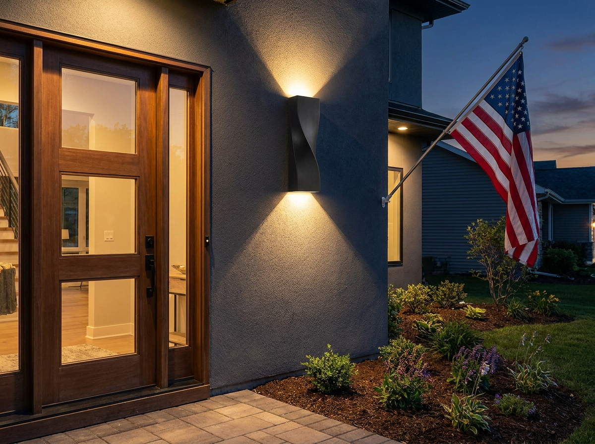 PLUSLED 15.75-inch modern S-shape outdoor wall sconce mounted beside the front door of a late-spring American home