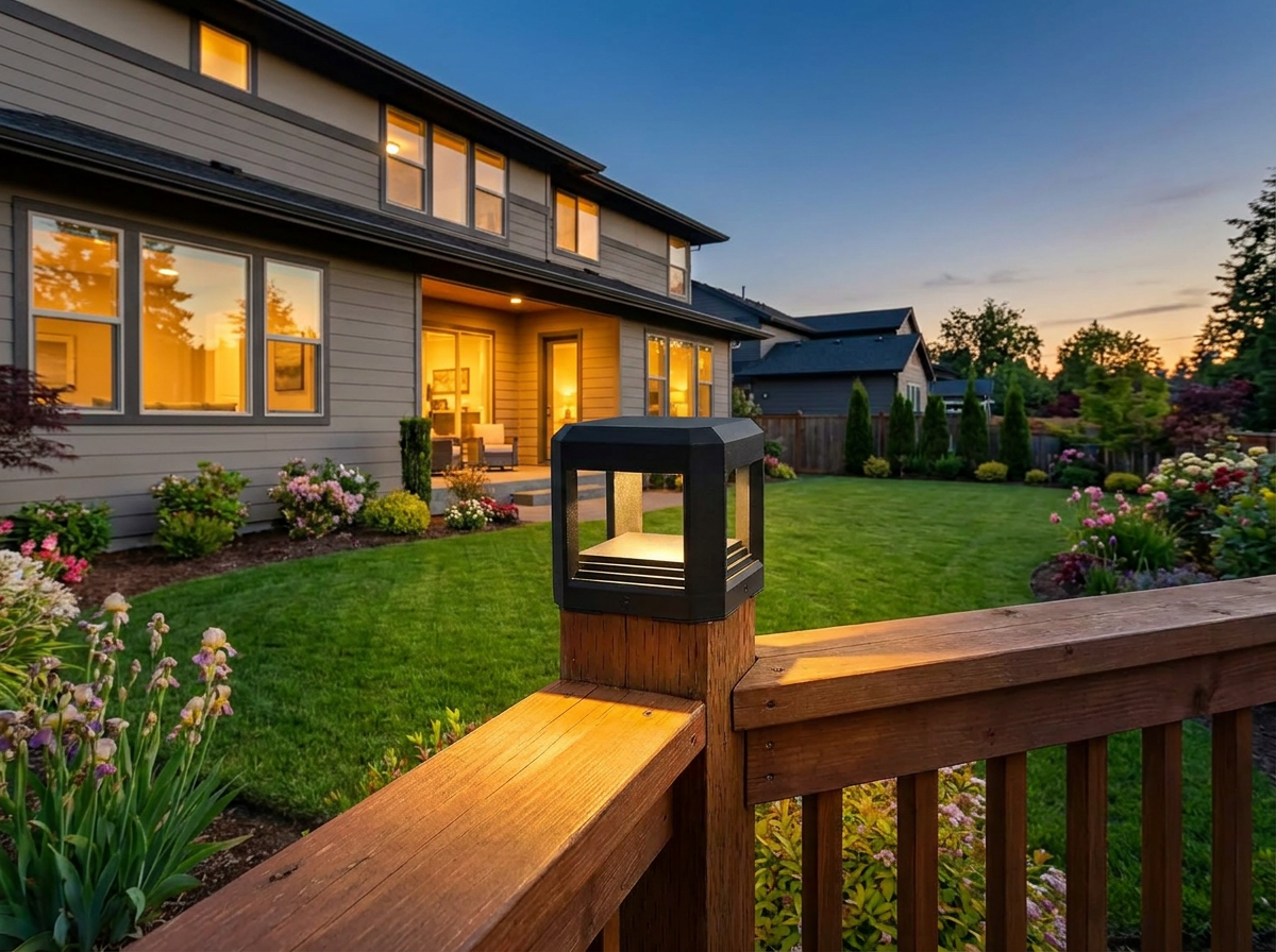 PLUSLED 5.94-inch outdoor LED pillar post light mounted on a wooden deck post in a modern American backyard at dusk