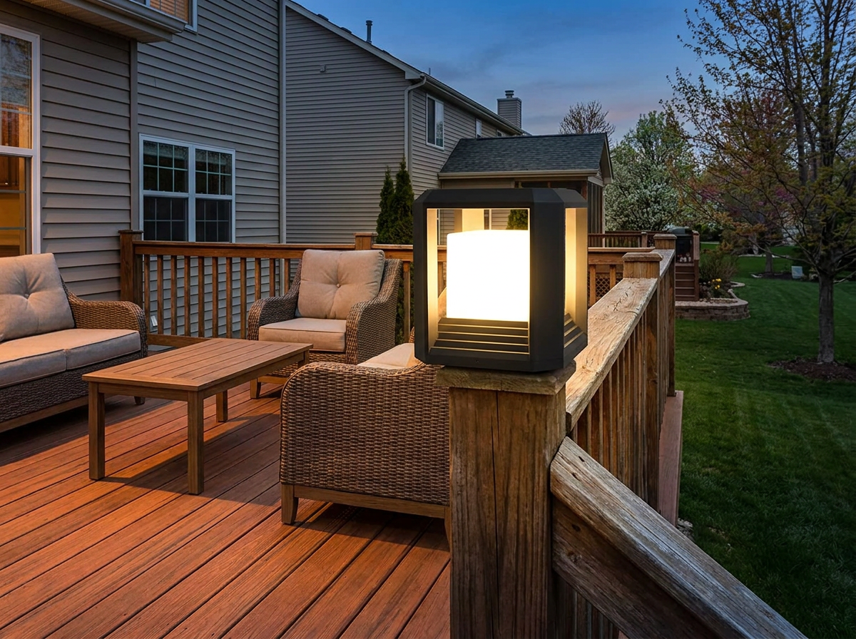 PLUSLED 9.88-inch black LED pillar post light mounted on a wooden deck post at dusk
