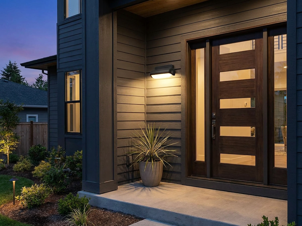 PLUSLED 13W modern outdoor wall sconce on American front porch at dusk