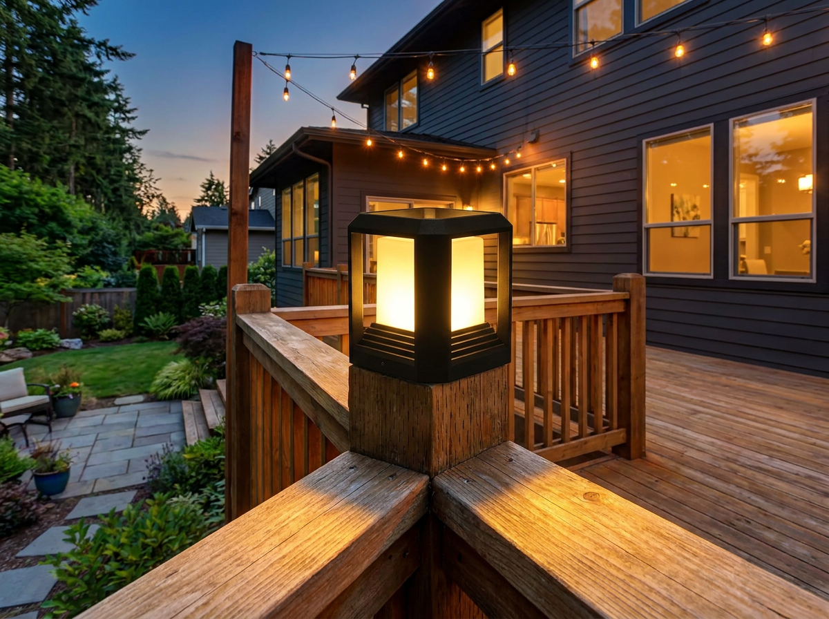 PLUSLED 20W modern black LED post light installed on cedar deck post in American backyard at dusk