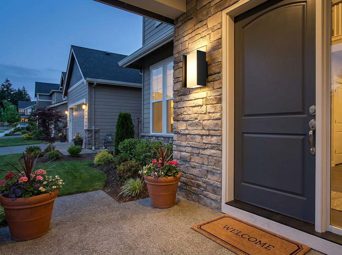 PLUSLED 20W matte black up-down outdoor wall sconce mounted on a modern American front porch at dusk