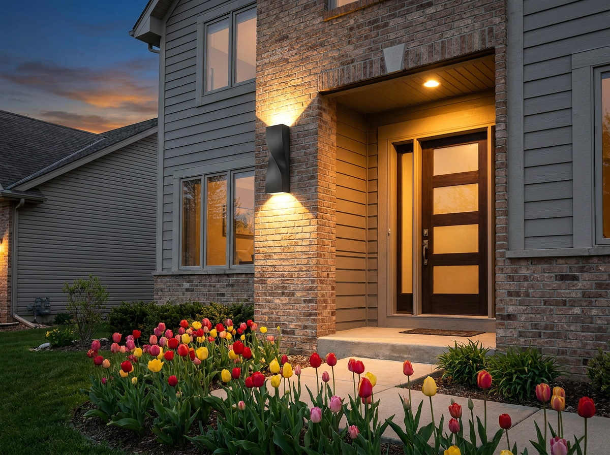 PLUSLED 15.75-inch modern black hardwired LED outdoor wall sconce mounted next to a modern American front door at dusk