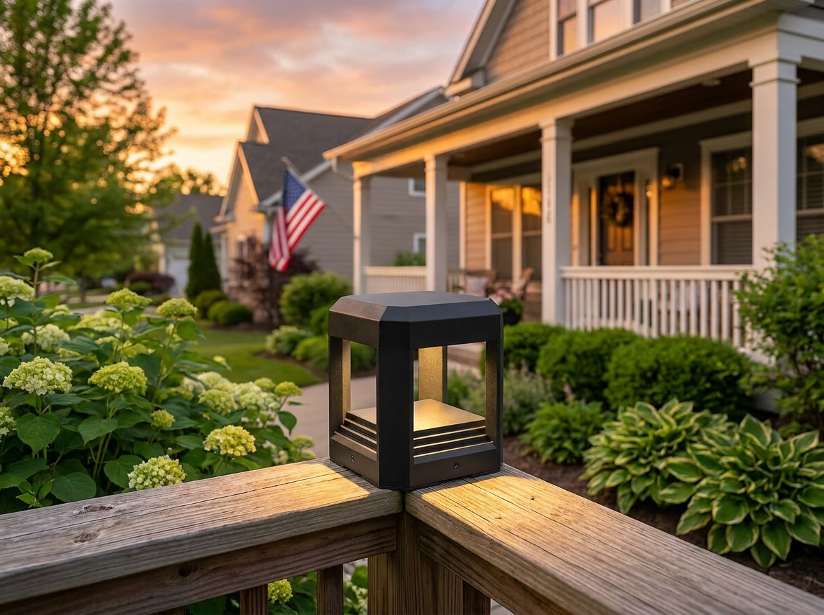 PLUSLED 5.94-inch modern black LED pillar post light staged on a wooden deck railing for Memorial Day weekend