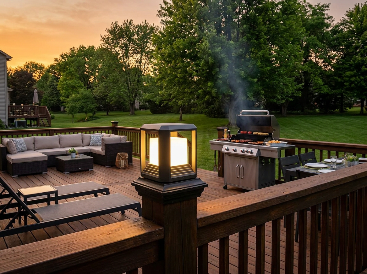 PLUSLED 9.88-inch outdoor LED pillar post light mounted on a wooden deck railing during a late-spring American backyard cookout