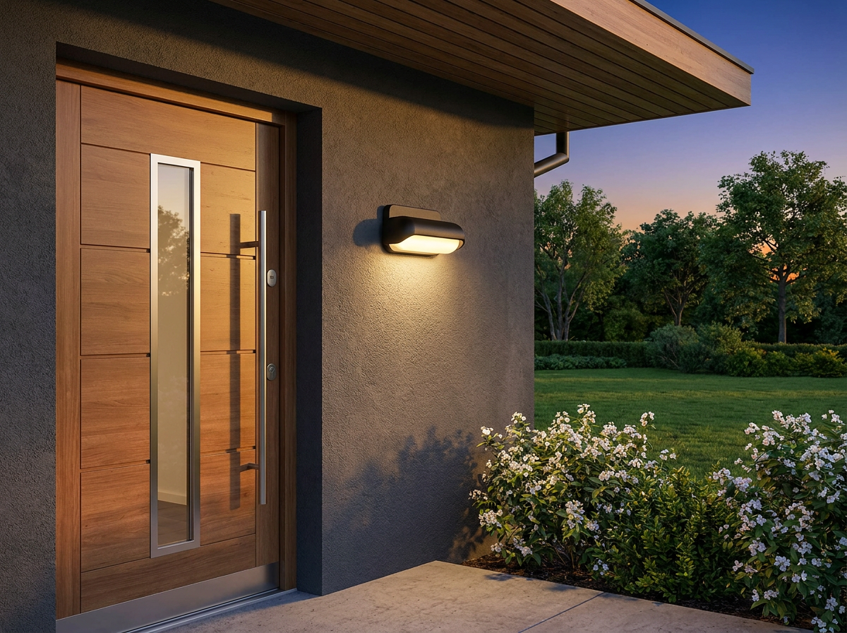 PLUSLED 13W modern outdoor LED wall sconce mounted beside a modern American front door at dusk
