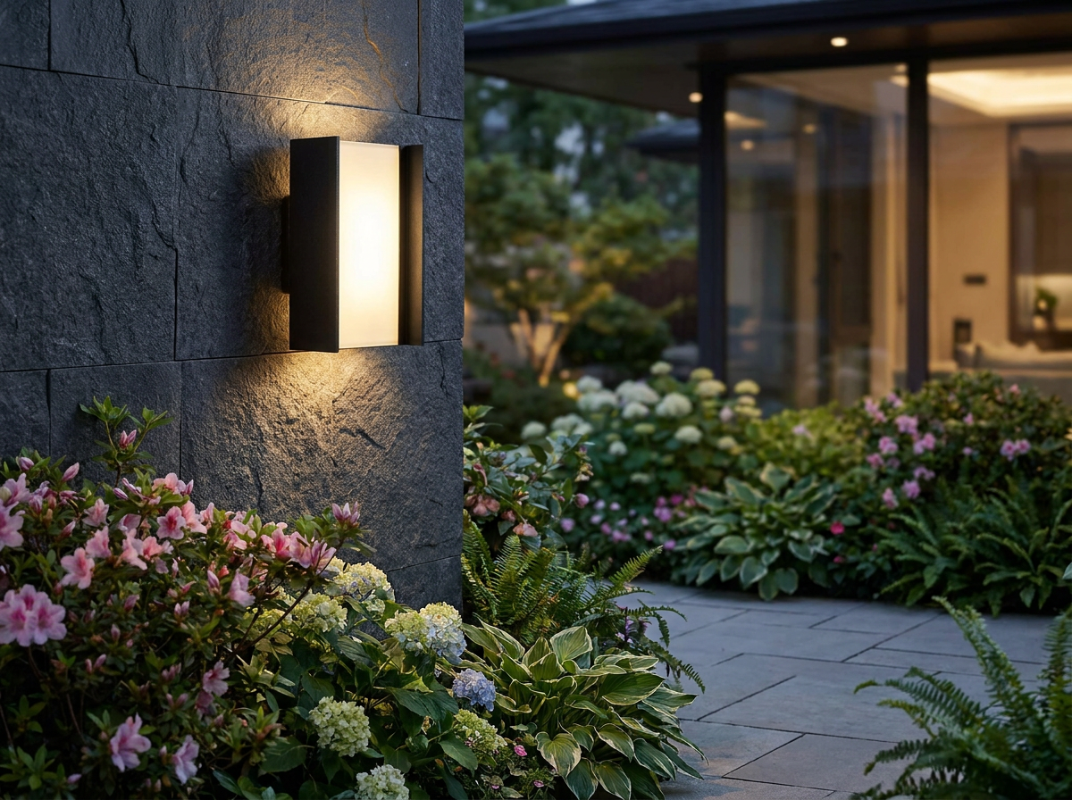 PLUSLED outdoor wall sconce illuminating a spring patio surrounded by garden greenery