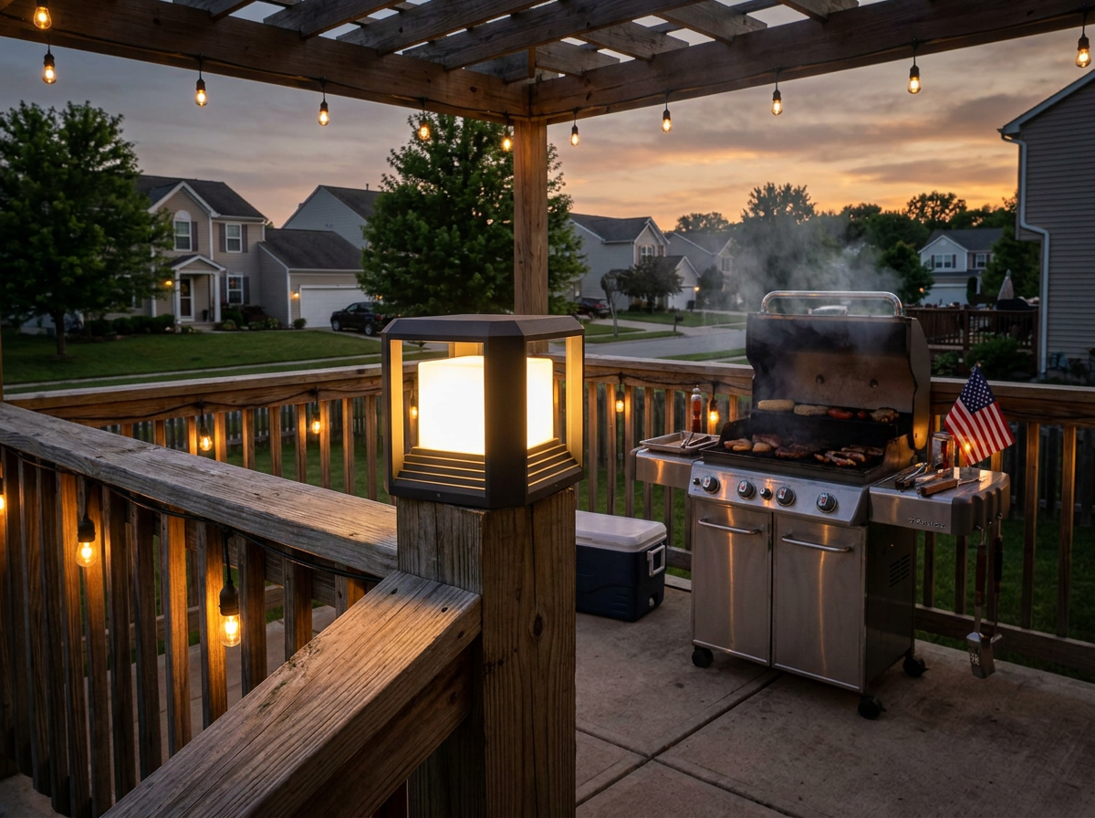 PLUSLED outdoor post light on a deck railing at dusk for Memorial Day cookout