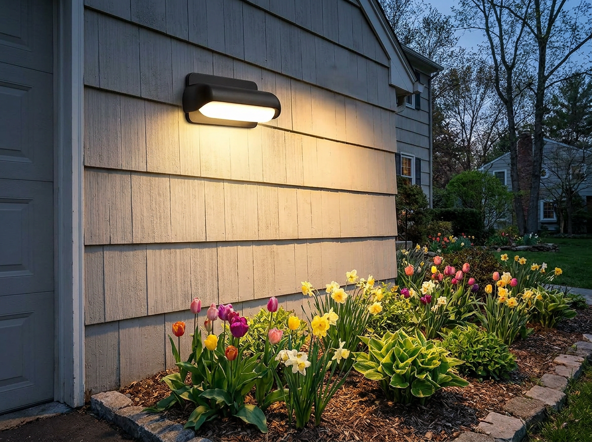 PLUSLED outdoor LED wall sconce mounted on garage wall of American home with spring garden