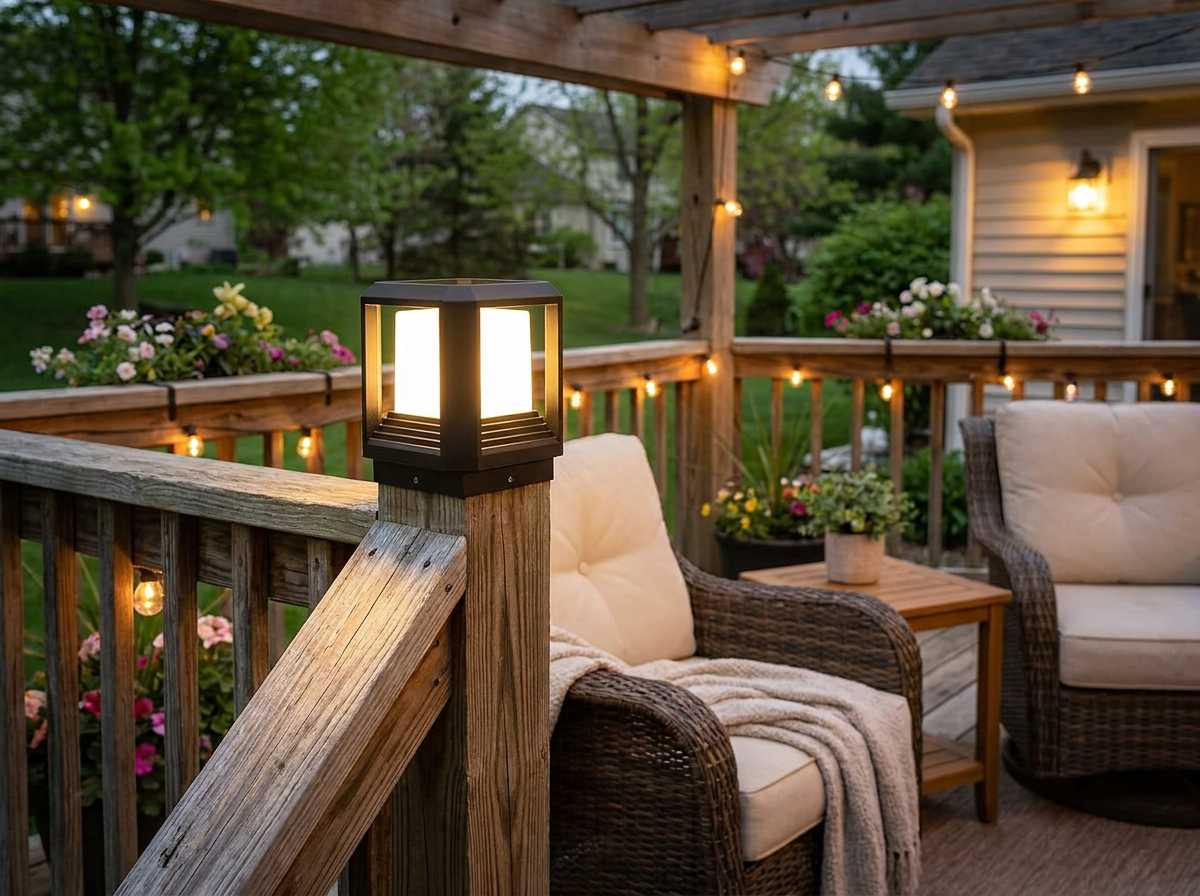 PLUSLED outdoor post light mounted on a wooden deck railing post with spring evening patio scene