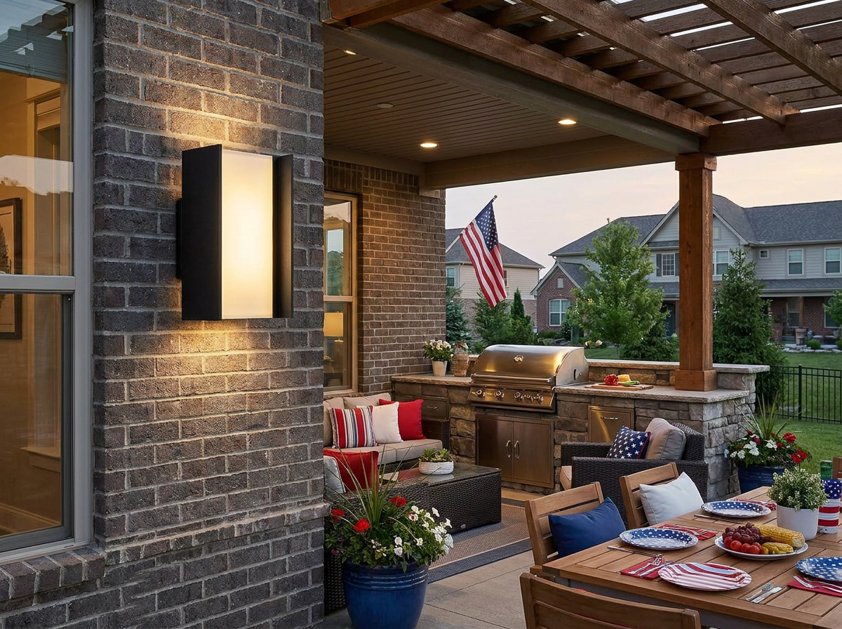 PLUSLED matte black up-down outdoor wall sconce mounted on a patio wall near a Memorial Day cookout setup