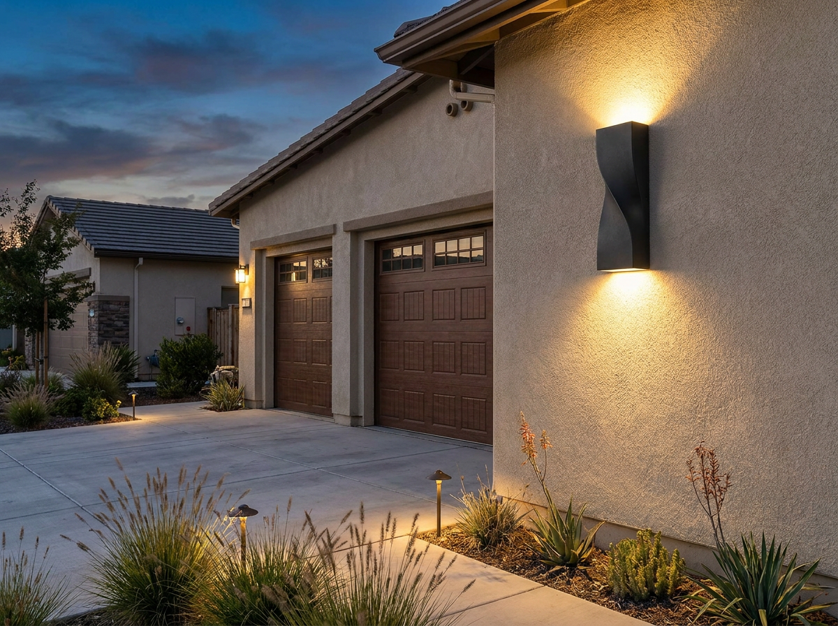 PLUSLED large 15.75-inch modern outdoor wall sconce mounted on a suburban garage wall at evening