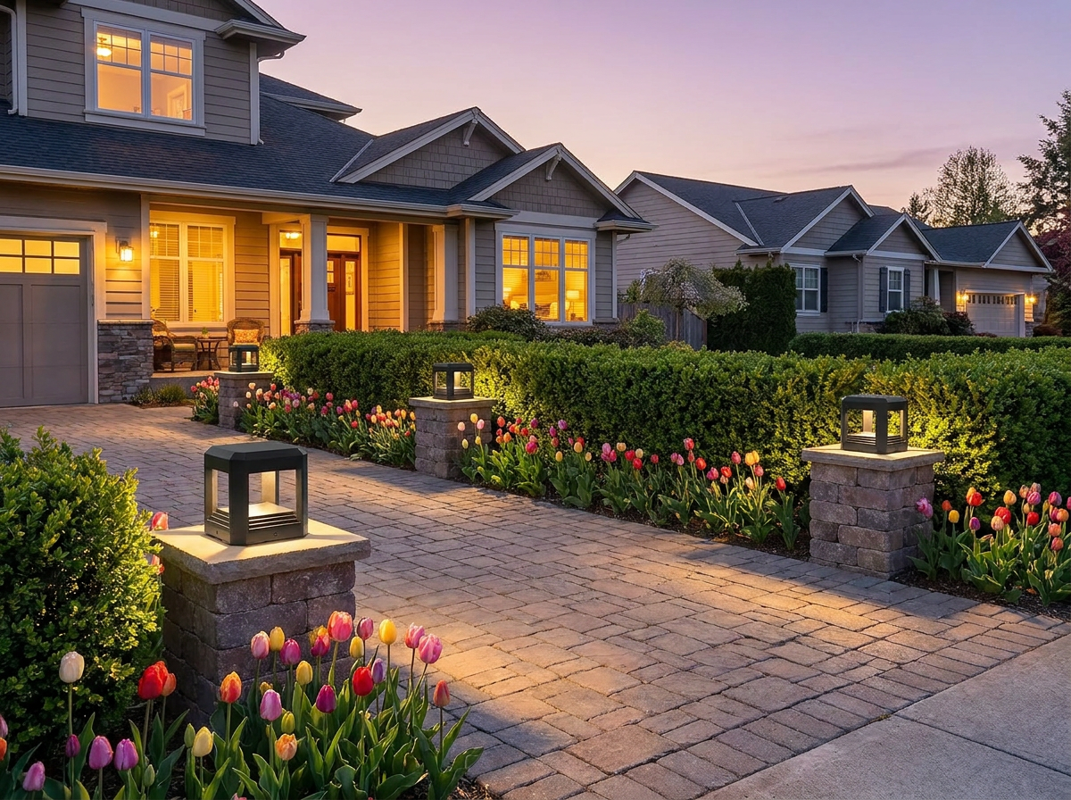 Modern PLUSLED outdoor column post light lining a spring driveway with tulips and paver stones