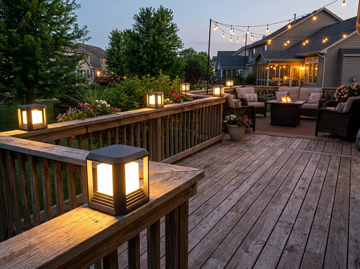 Row of PLUSLED black column post lights lining a wooden deck railing at twilight in an American backyard