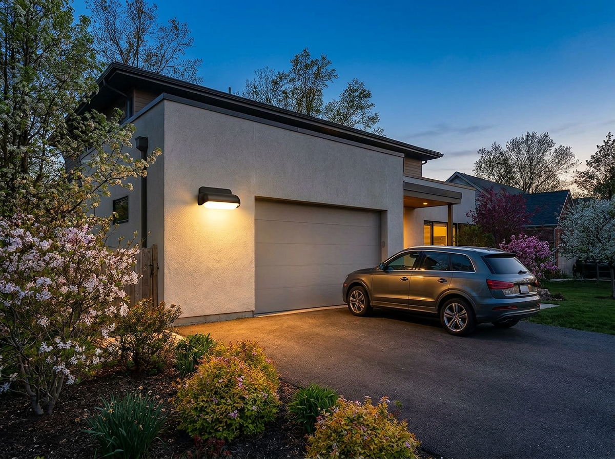 PLUSLED modern aluminum wall sconce mounted on a garage exterior wall at twilight