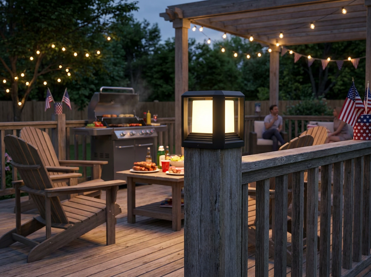PLUSLED 20W black outdoor post light on a backyard deck railing at twilight during a Memorial Day weekend gathering