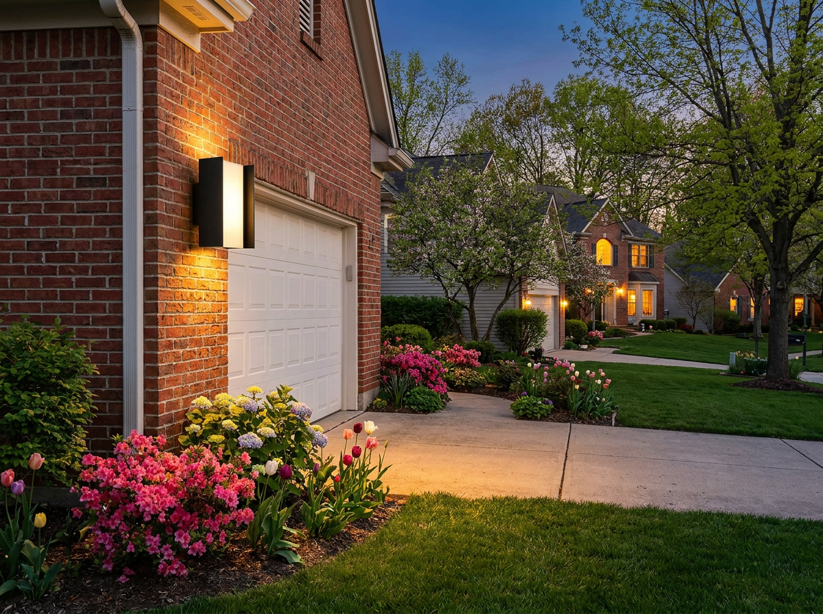 PLUSLED up-down matte black outdoor wall sconce mounted on brick wall beside garage door of American suburban home in spring 2026