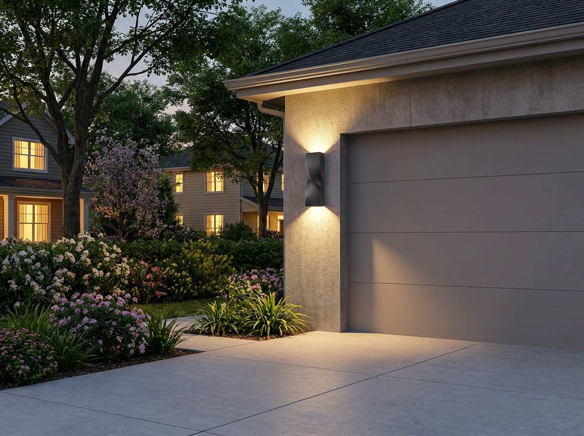 PLUSLED black S-shape outdoor wall sconce mounted on garage wall with up-down LED glow at spring evening