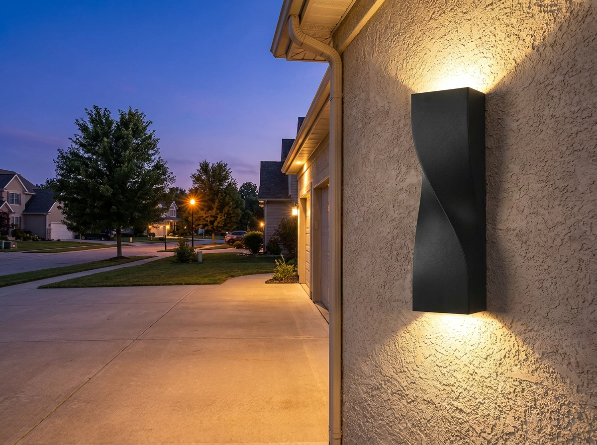 PLUSLED 15.75 inch matte black S-shape wall sconce mounted on a contemporary garage exterior at twilight with up-down light beams