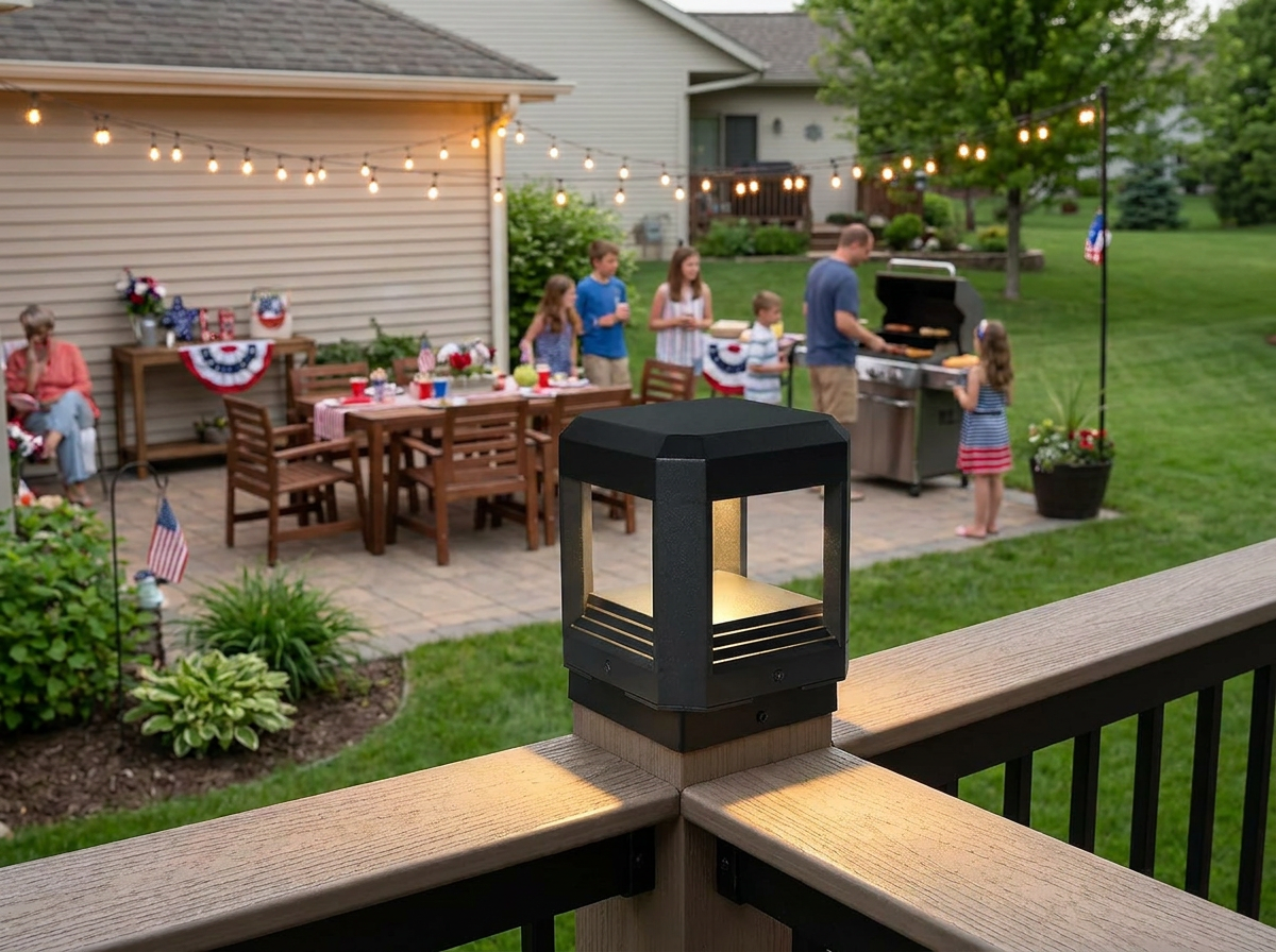 PLUSLED 5.94-inch hard-wired LED outdoor post light on a composite deck railing post, backyard patio set up for Memorial Day barbecue