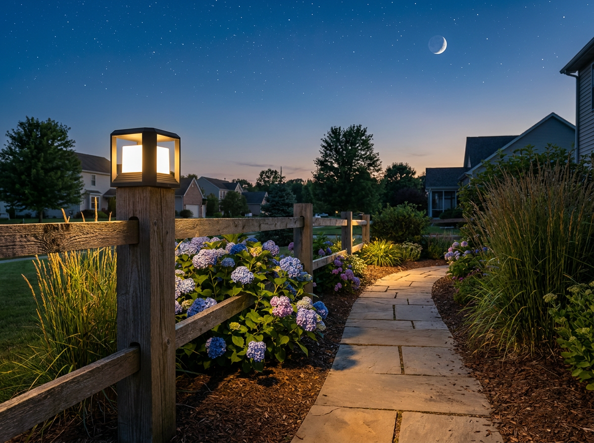 PLUSLED matte black outdoor post light illuminating a curving stone garden path between blooming hydrangeas on a late spring evening