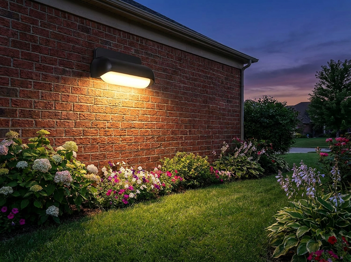 PLUSLED aluminum LED wall sconce mounted on a brick garage of a cozy American home in late spring