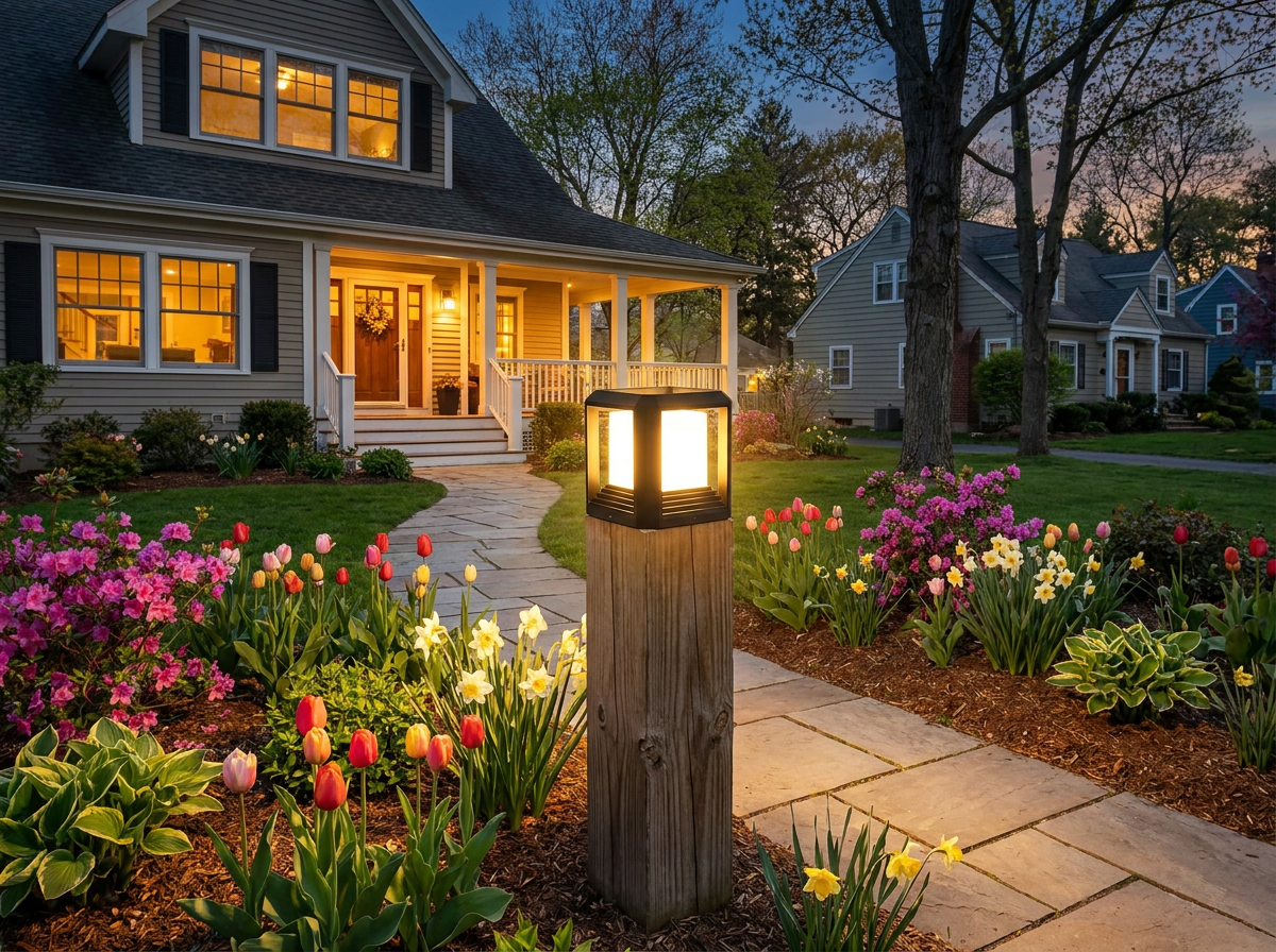 PLUSLED 20W black outdoor post light glowing on a wooden garden path post in an American suburban front yard at twilight