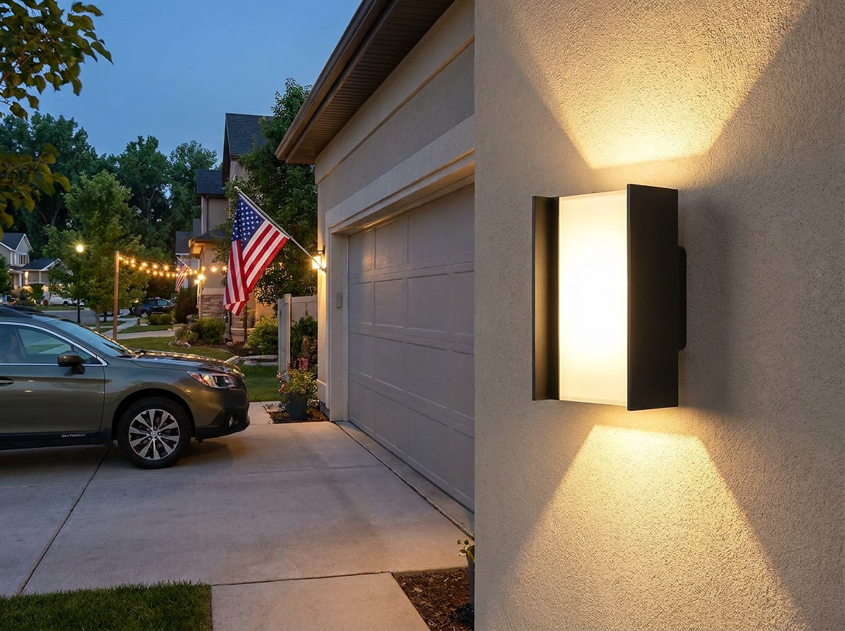 PLUSLED 20W Modern LED Outdoor Wall Sconce mounted on a modern garage wall during Memorial Day weekend