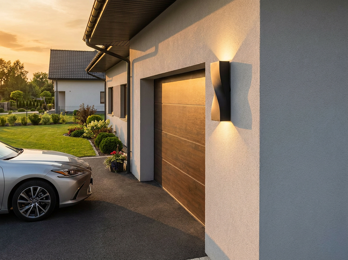 PLUSLED 15.75-inch matte black outdoor wall sconce mounted on a light gray stucco garage exterior in golden hour