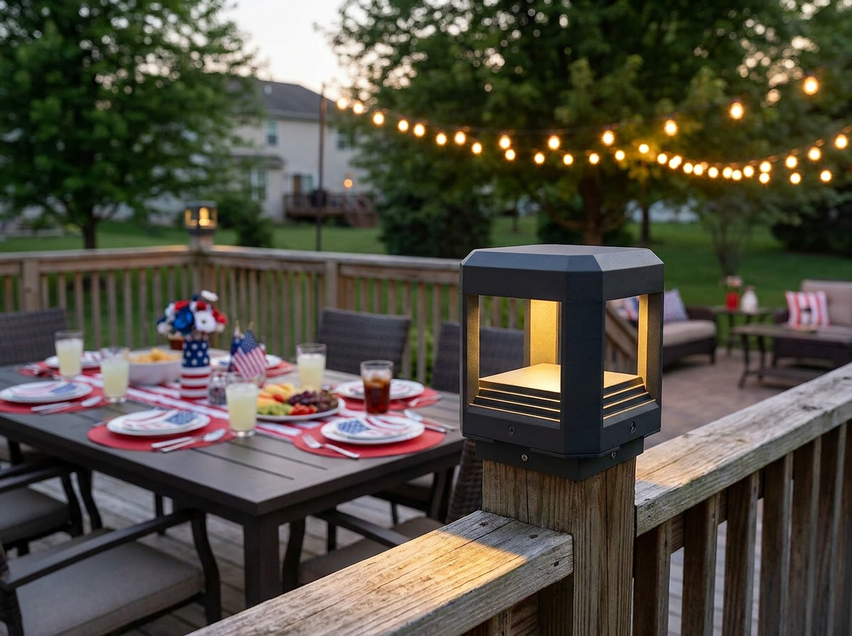 PLUSLED outdoor post light on a wooden deck post during Memorial Day backyard entertaining