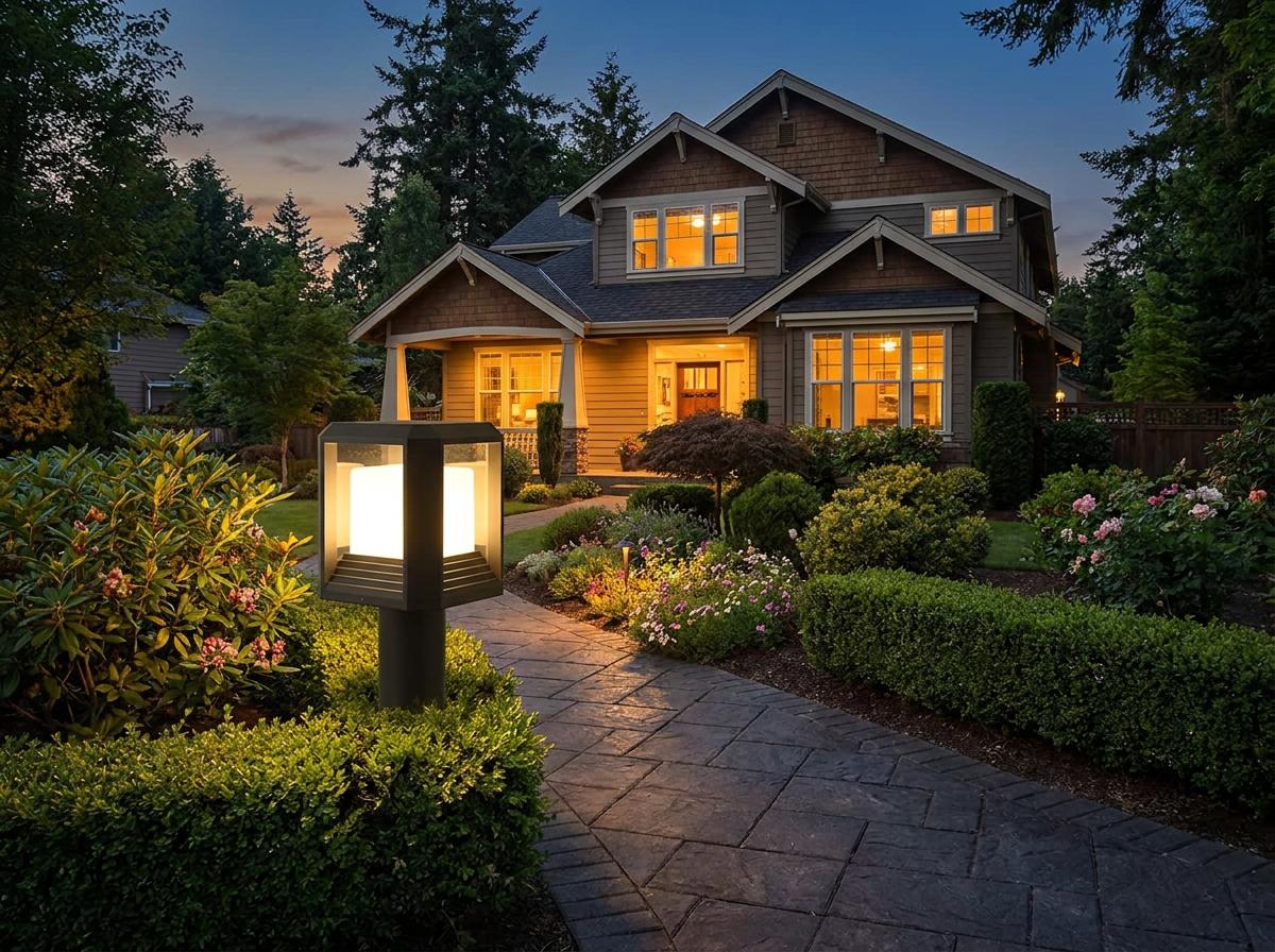 PLUSLED 9.88-inch black pillar light on a paved garden path at twilight