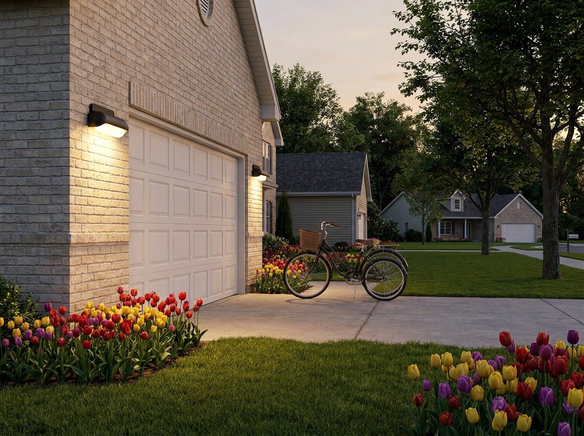 PLUSLED 13W modern outdoor wall sconce mounted beside suburban American garage in late spring
