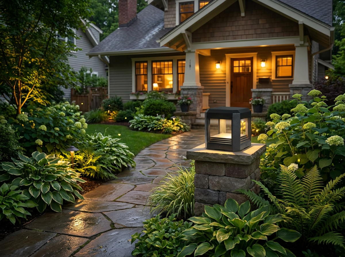 PLUSLED outdoor LED post light illuminating a garden path in evening ambiance