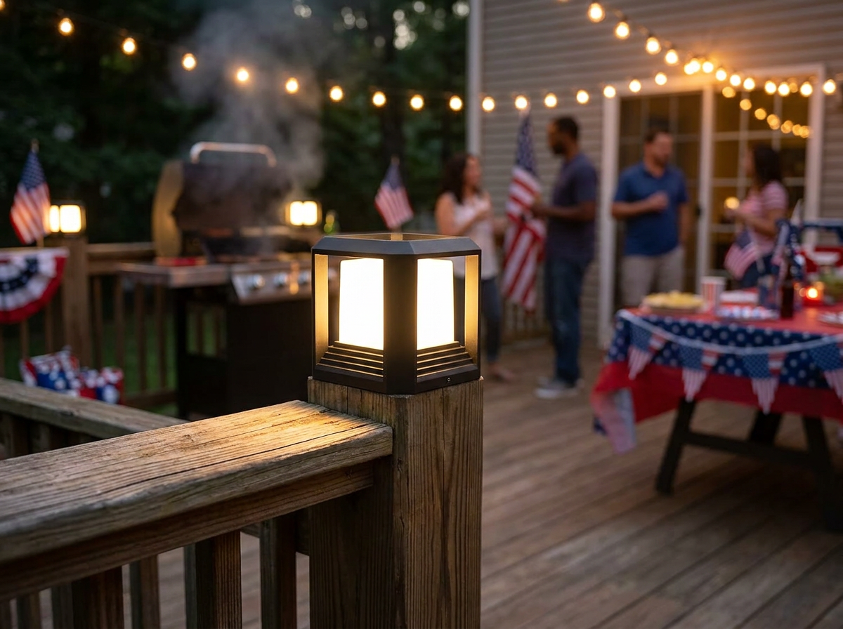 PLUSLED outdoor post light glowing warm 3000K on a wooden deck railing during an American backyard Memorial Day evening