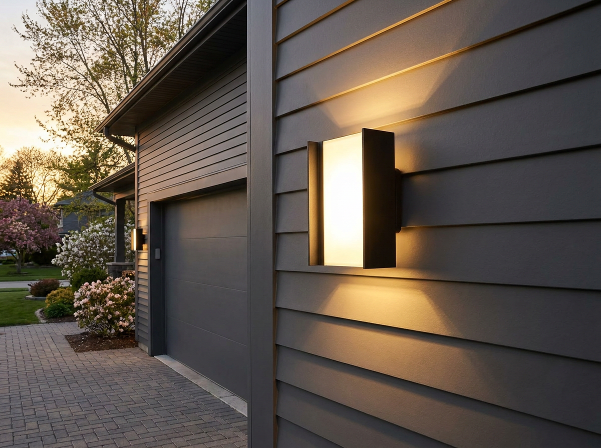 PLUSLED matte black up-down LED wall sconce illuminating a residential garage exterior in late spring