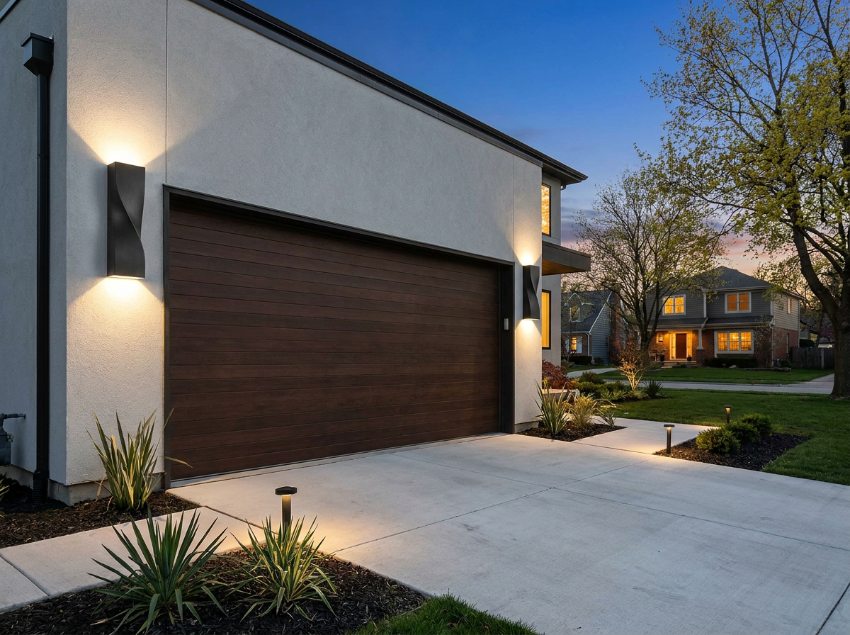 Pair of PLUSLED matte black S-shape outdoor wall sconces flanking a modern American garage with up-down warm LED glow at evening twilight