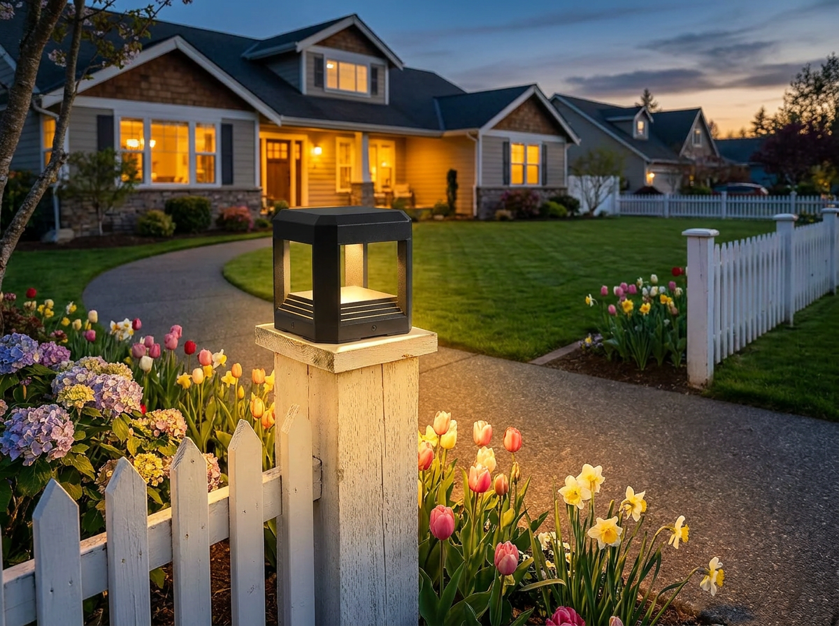 PLUSLED outdoor pillar light mounted on a white fence post lining a suburban American driveway in spring