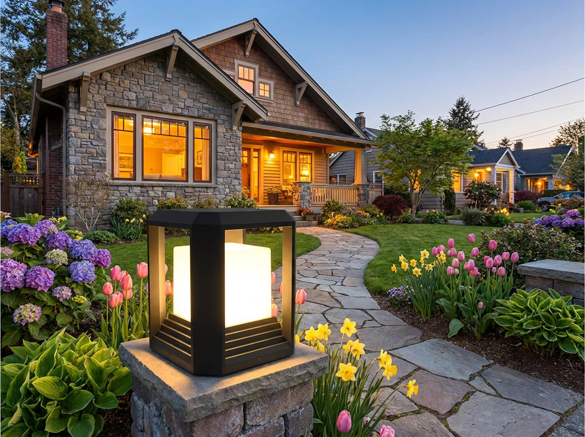 PLUSLED black pillar post light at the entrance of a stone garden path with spring flowers in an American suburban yard