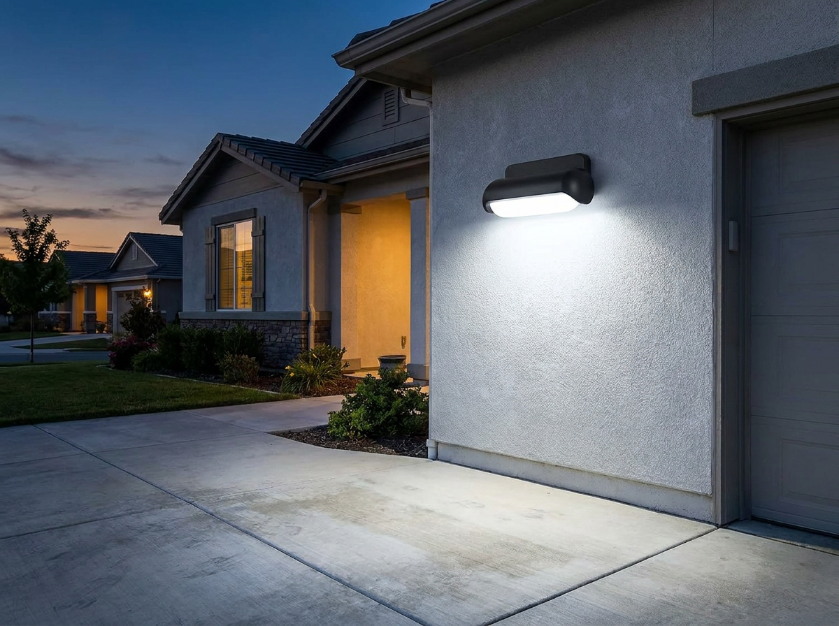 The same PLUSLED modern outdoor wall sconce mounted on a garage exterior wall of a modern American suburban home, illustrating cooler 5000K daylight ambiance for comparison