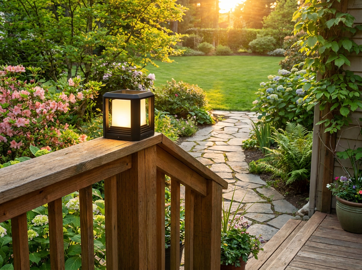 PLUSLED outdoor LED post lantern on a wooden deck railing in an American suburban backyard at golden hour