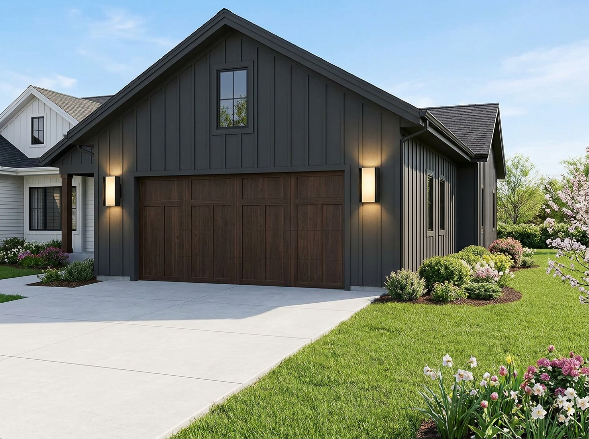 PLUSLED 20W matte black up-down outdoor wall sconce on a modern American garage exterior in late spring
