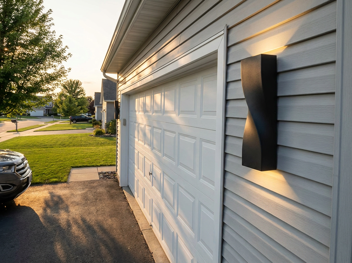 PLUSLED 15.75 inch S-shape outdoor wall sconce mounted on a garage exterior wall of a modern American home