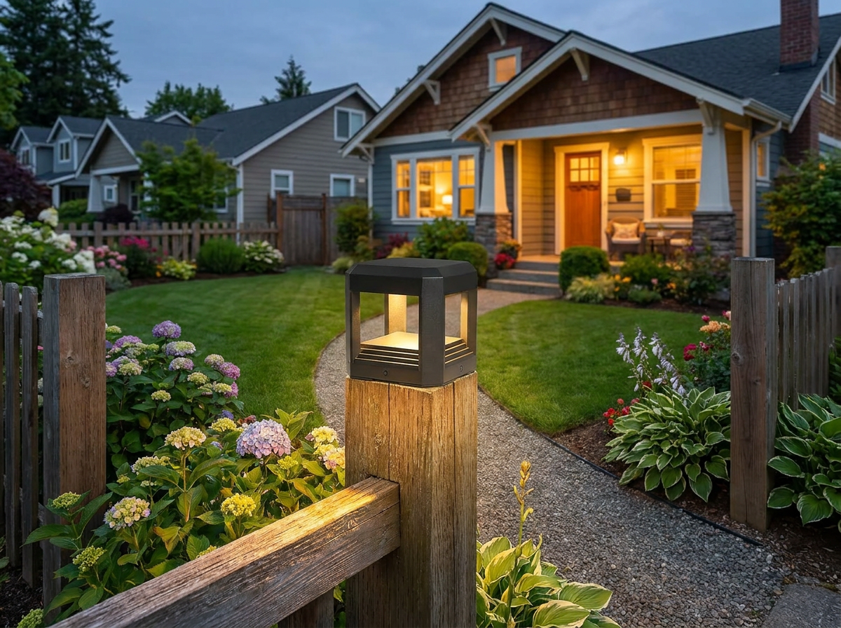 PLUSLED outdoor pillar post light installed on a wooden garden fence in a lush American backyard at evening