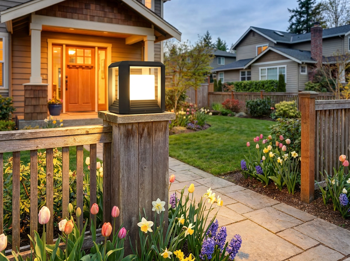 PLUSLED outdoor column post light on a garden path pillar with spring flowers and warm 3000K evening glow