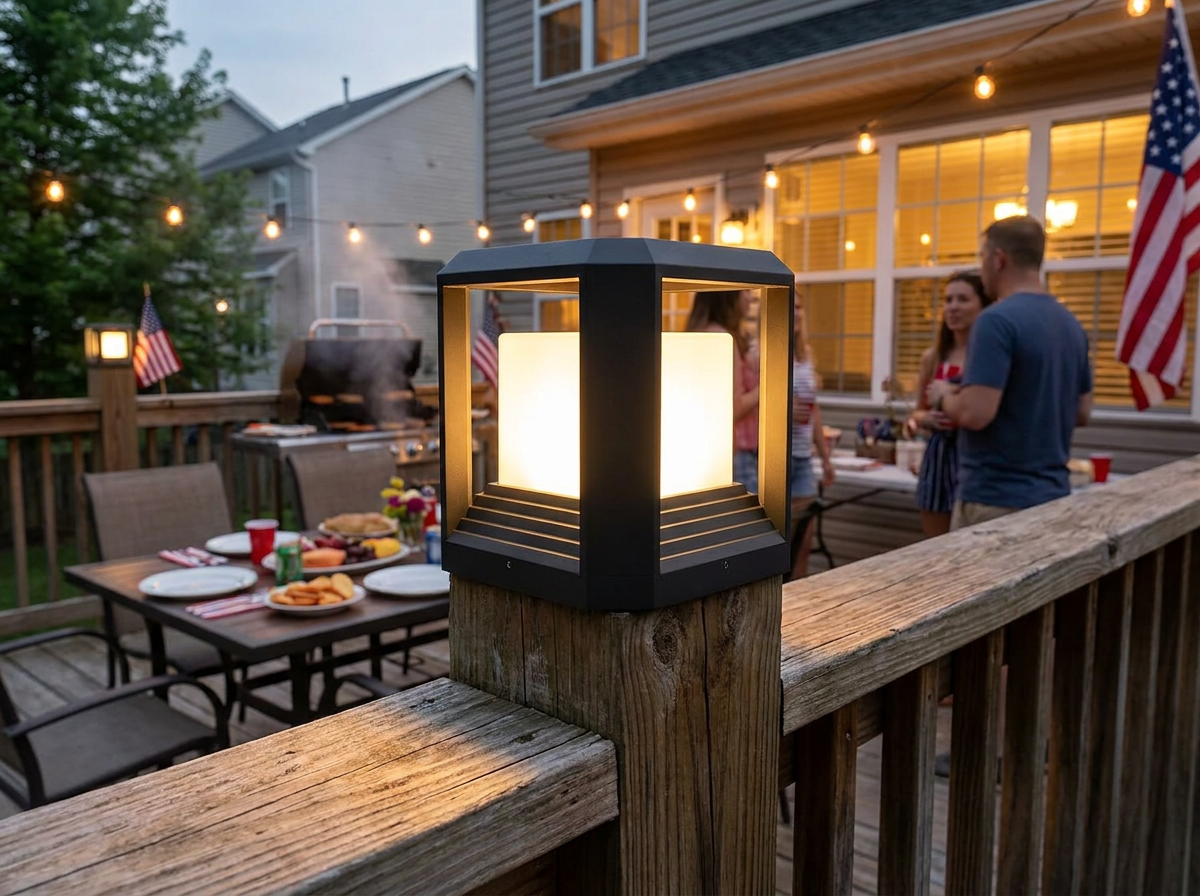 PLUSLED 9.88-inch modern black outdoor post light installed on a backyard deck railing post during a Memorial Day evening BBQ setting