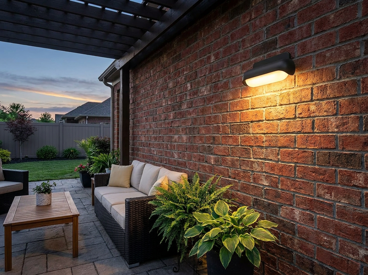 PLUSLED modern outdoor wall sconce on a brick patio for late spring American home